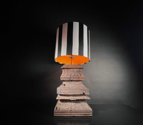 Large Antique Table Lamp - Carved Wood South Indian Temple Architecture - Foto 10 di 10