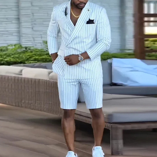 British Style Striped Suit Men's 2 Piece Sets Blazer Jacket Casual Shorts Suits - Picture 1 of 18