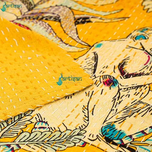 Indian Handmade Monkey Print Kantha Quilt Cotton Bedspread Bedding Blanket Throw - Picture 3 of 5
