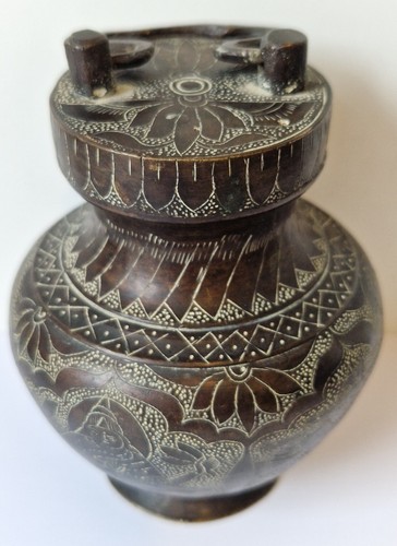 Antique Brass Hindu Indian Khajuraho Holy Water Pot Screw Lid Intricate 4" Tall - Picture 4 of 20