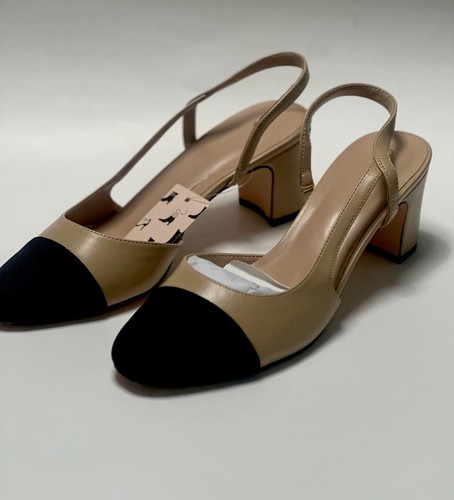 Women Ladies Fashion Classic Two Tone Slingback Block Mid Heel Summer Shoes - Picture 2 of 9