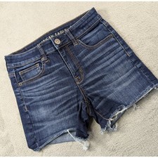 American Eagle Hi-Rise Shortie Denim Shorts Dark Wash Raw Hem Next Level Stretch