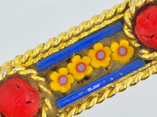 VINTAGE 60's ITALIAN MICRO-MOSAIC MILLIFIORI GOLD TONE BAR PIN BROOCH ~2.5 in - Picture 3 of 11