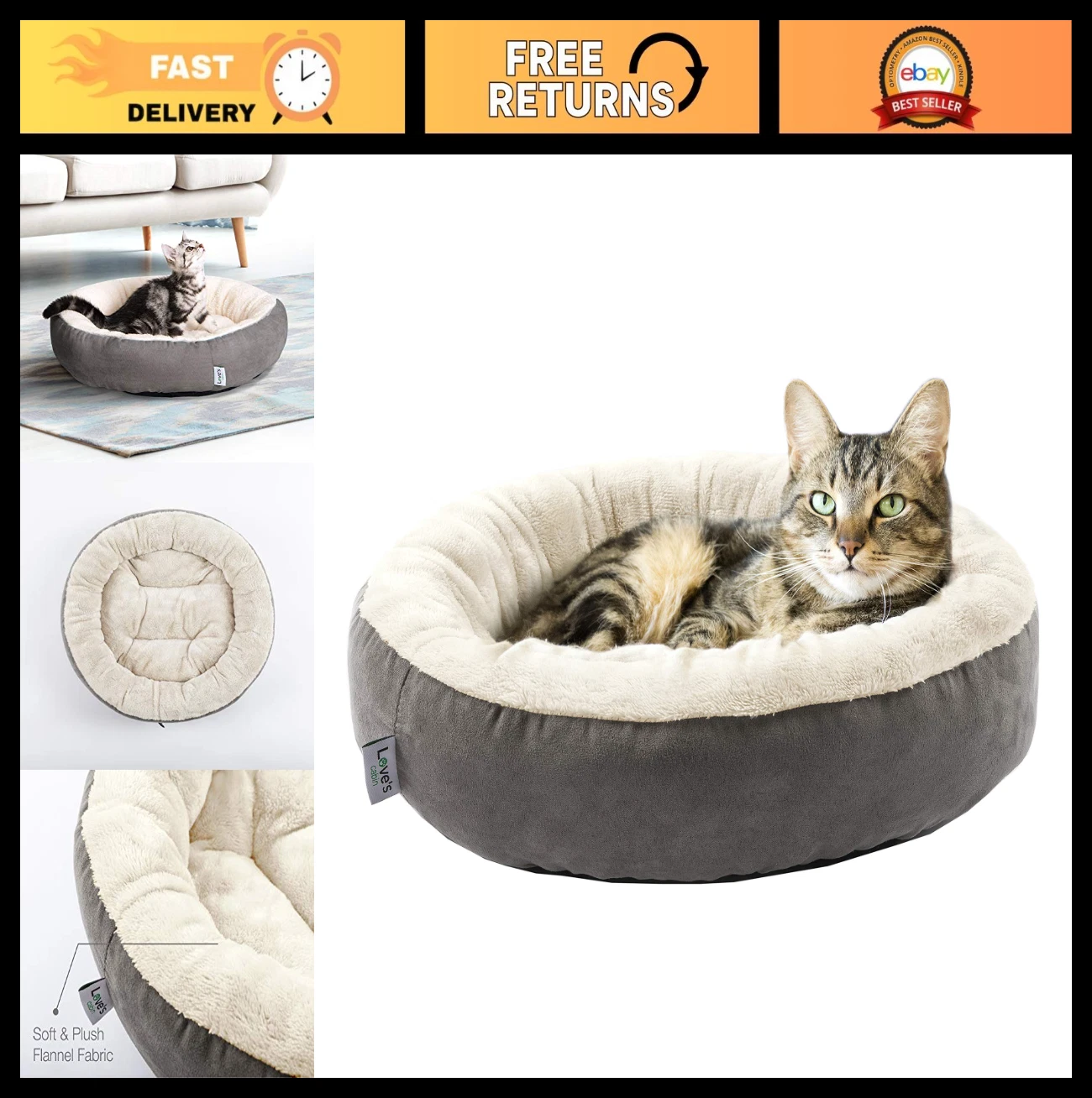 Cozy Round Donut Pet Bed for Cats & Small Dogs, 20in, Anti-Slip, Washable, Gray