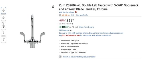 Zurn Z826B4-XL Double Lab Faucet, with 5-3/8" Gooseneck & 4" Handles, Chrome - Picture 8 of 8