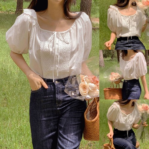 Short Sleeved Shirt Bubble Sleeve Top Casual Daily Wear Moderate Elasticity - Picture 2 of 17