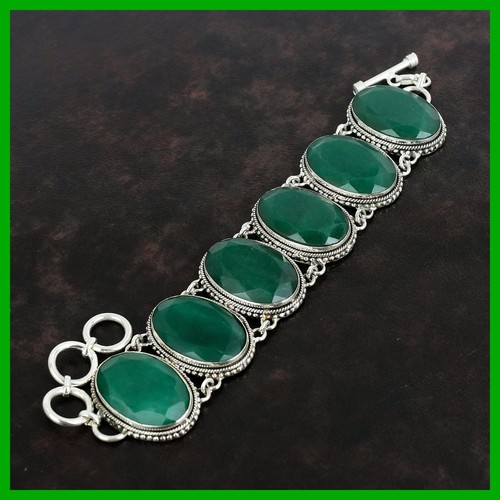 925 Sterling Silver Oval Zambian Emrald Stone Vintage Bezel Chain New Bracelet - Picture 4 of 7