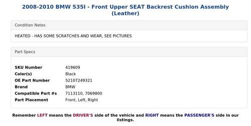 2008-2010 BMW 535I - Front Upper SEAT Backrest Cushion Assembly (Leather) - Picture 7 of 8