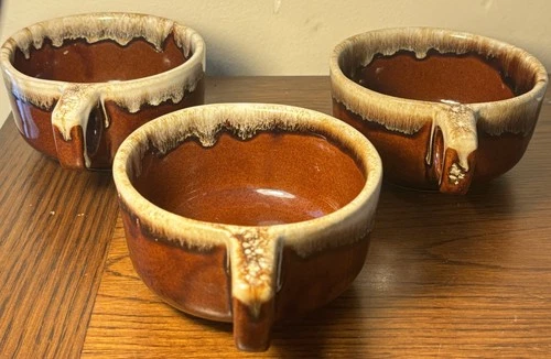 Set Of 3 Monmouth Western Pottery Brown Drip Soup Mug Bowl w/Handle Maple Leaf