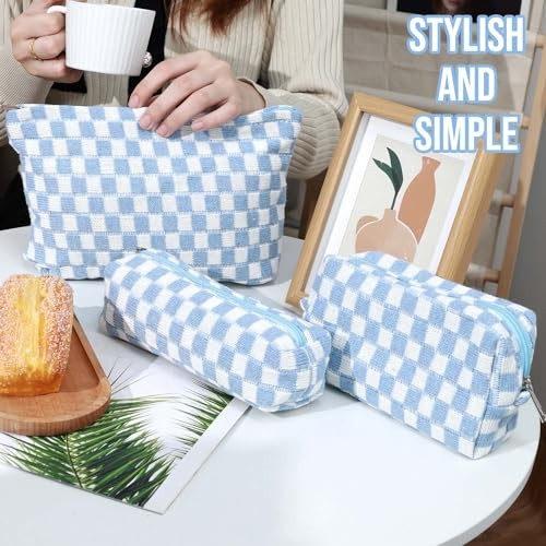 Juego de 3 bolsas de maquillaje bolsa de cosméticos para niñas mujeres viaje a cuadros azul-blanco - Imagen 5 de 6