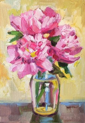 Original oil painting Pink Peonies in Glass Vase   Impressionist Floral Painting