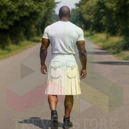 Men’s White Leather Gothic Utility Kilt – Handmade with 8 Pockets - Picture 6 of 7