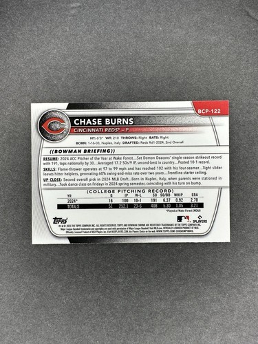 2025 Bowman Chase Burns Chrome Prospect Card #BCP-122 - Reds - Imagen 2 de 2