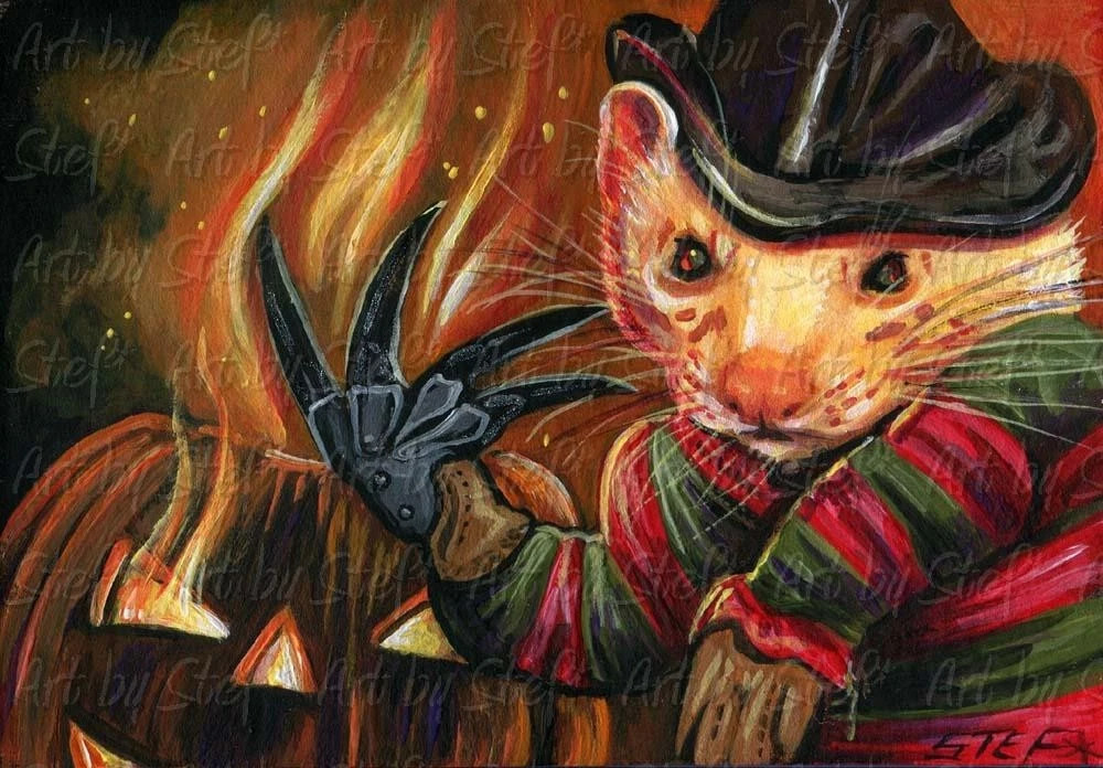 Nightmare on Dook Street FREDDY FERRET Pumpkin Halloween ACEO PAINTING Art Stef