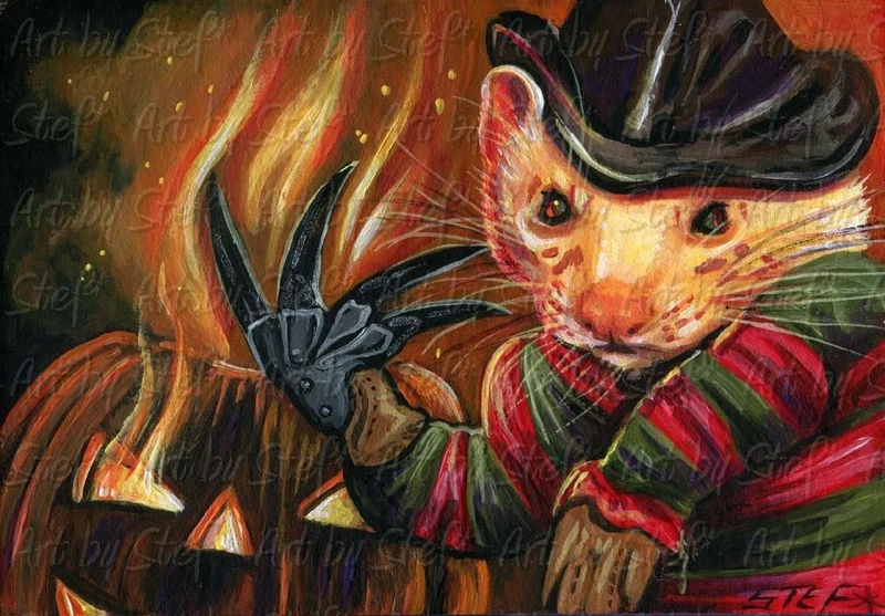 Nightmare on Dook Street FREDDY FERRET Pumpkin Halloween ACEO PAINTING Art Stef