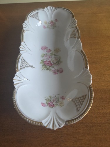 Antique Porcelain Celery Relish Dish 12" x 5" Floral Shabby Chic Gold Trim - Picture 3 of 23