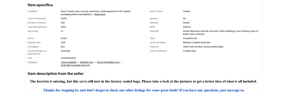 LEGO - 10696 Medium Creative Brick Box - NEW - No Box / Sealed Bags - Ships Fast - Image 2 of 4