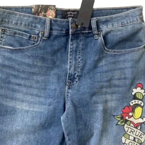 Ed Hardy Fit & Flare Multi Color Embroidery Blue Jeans Love Eternal Size 32 New! - Picture 6 of 16