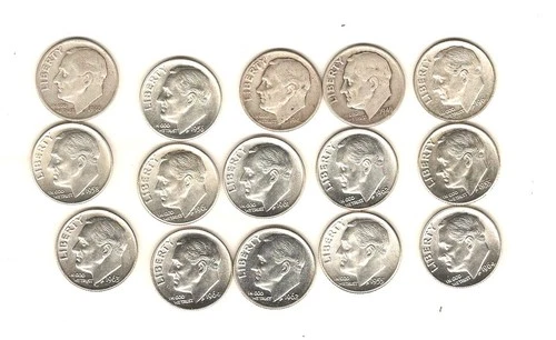 15 DIMES lot of 1946 to 1964 90% Silver Roosevelt Mixed Dates Some Proofs PICTUE