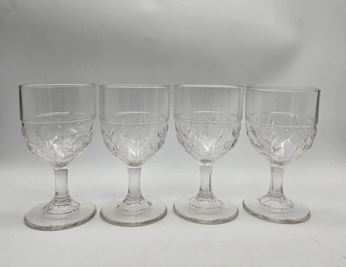 1870s Open Rose AKA Moss by Unknown Clear Glass Goblet Vtg Antique Set Of 4 - Picture 9 of 13