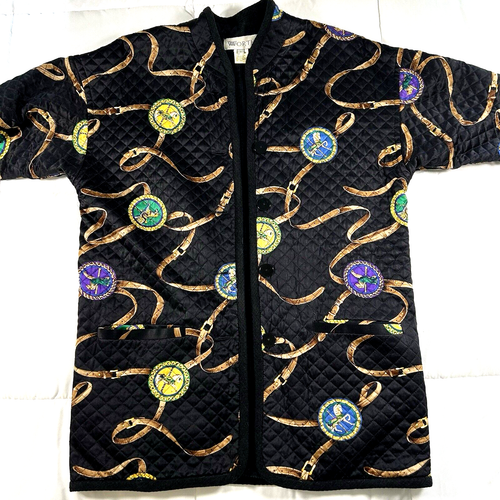 Worth Seiden Steppjacke Reitsport Print Mantel schwarz Karussell Pferde Vintage M/L - Bild 9 von 17
