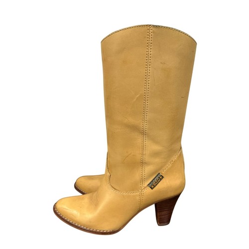 Vtg Y2k Ecco Mustard Yellow Leather Heeled Cowgirl Boots Mid Calf Size 37 US 7