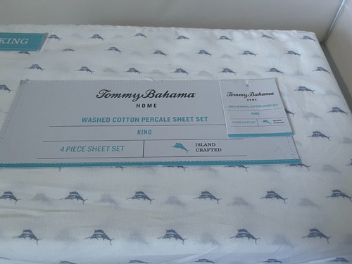 TOMMY BAHAMA KING WASHED 100% COTTON PERCALE SHEET SET MARLIN SKY NWT - Picture 2 of 4