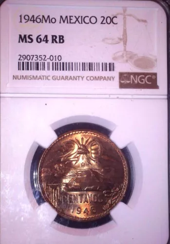 1946Mo MEXICO 20 centavos, NGC 64 RB, Issue Free