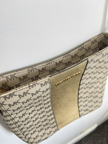 Michael Kors Monogram Canvas Crossbody Bag Gold Metallic Canvas - Picture 4 of 13