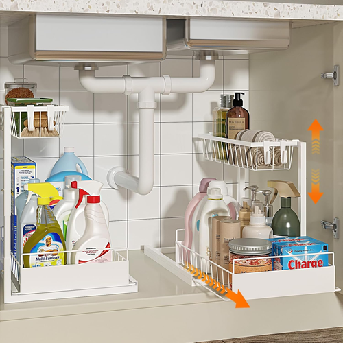 under Sink Organizer, Height Adjustable Pull Out Cabinet Organizer, 2 Tier under - Picture 9 of 12