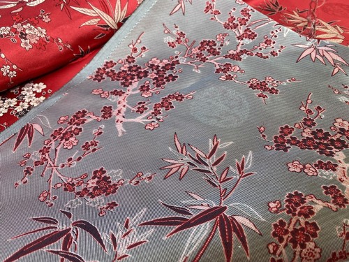 Cherry Blossoms Brocade on Red Silk Brocade FINE FABRIC roll with several yards - Picture 5 of 8