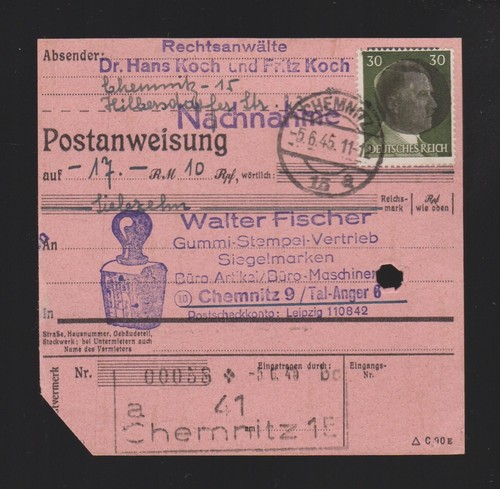 Postanweisung SBZ sächs. Schwärzung EF Mi.AP794I von Chemnitz 1945 gelaufen