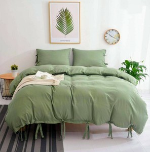 Queen Duvet Cover Sage Green Solid Color Bowknot Design 100