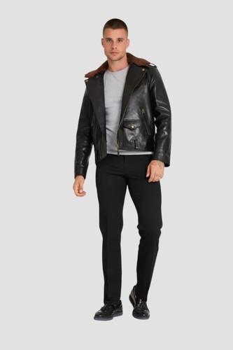 Mens Fur Collar Cafe Racer Biker Motorcycle Cowhide Real Leather Bomber Jacket - Picture 2 of 8