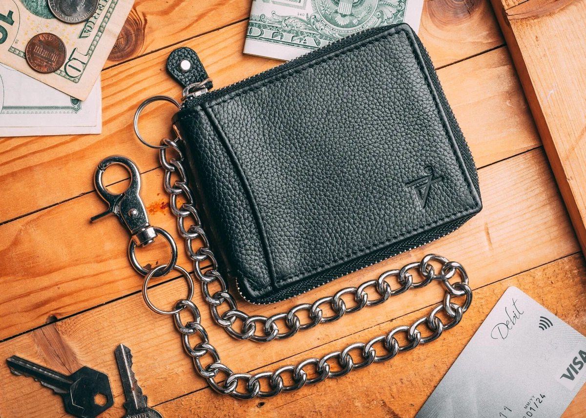 Zip Around Wallet For Men Biker Chain Wallet Bifold RFID safe Leather YKK ZIP