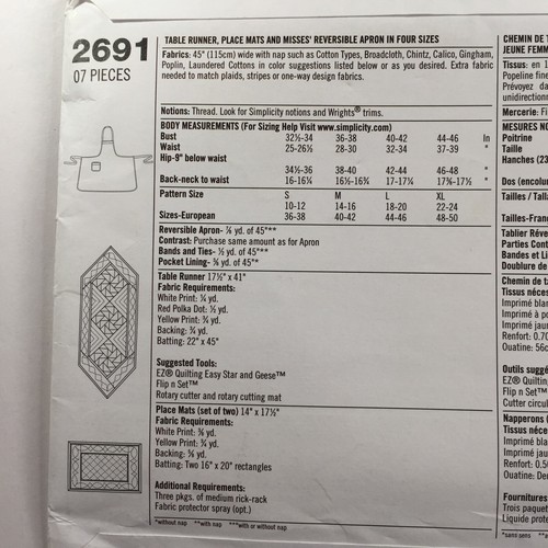 Simplicity 2691 Schürze Tischläufer Platzsets Gesteppt Damen Neu Ungeschnittenes Muster - Bild 7 von 12