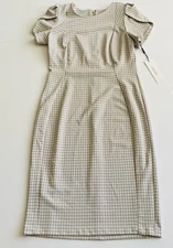 Calvin Klein Womens Tulip Sleeve Gingham Sheath Dress 10 Tan White