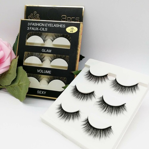 Handmade Reusable Long Cross 3D Mink False Black Lashes 3 Pairs 3D-40 Set of 13 - Picture 5 of 7