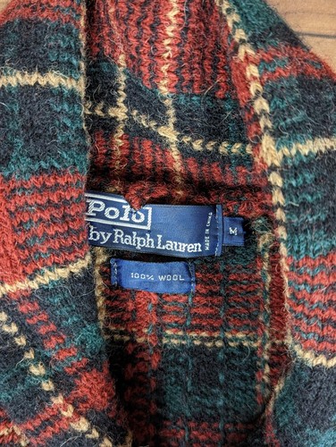 Vintage 80s Ralph Lauren Polo Plaid Wool Shawl Collar Sweater Medium - Picture 4 of 8