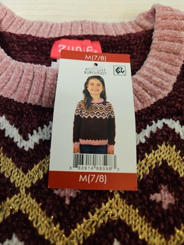 Zunie Girl Girls Holiday Sweater Size M 7/8 Burgandy - Picture 2 of 3