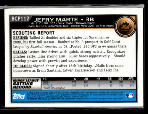 Jefry Marte signed auto 2010 Bowman Chrome #BCP112 card - Picture 2 of 2