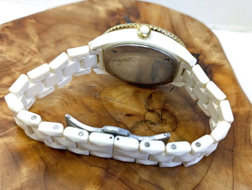 EUC ADRIENNE Ivory Ceramic Crystal Accents Women's Dress Watch - New Battery - Picture 15 of 21