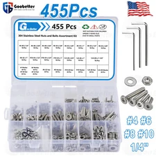 455Pcs Flat Head Socket Screws Washer Nut Assortment Kit #4 #6 #8 #10 1/4" Steel