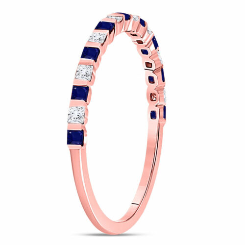 10kt Rose Gold Princess Blue Sapphire Diamond Stackable Band Ring 3/8 Cttw - Picture 3 of 4