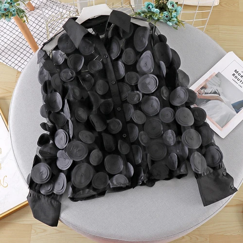 3D Women Mesh Chiffon Blouse Tops Puff Sleeve Sheer Polka Dot Shirt - Picture 7 of 23