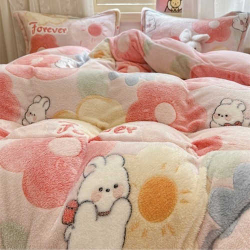 Pink Floral Duvet Cover Set Queen Fluffy Bedding Set Kawaii Cartoon Comforter Co - Picture 6 of 12