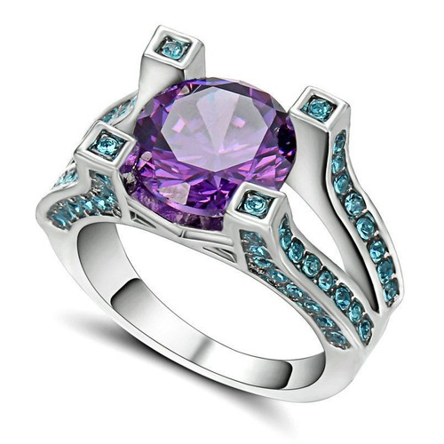 AMETHYST & AQUA CZ'S 10K WHITE GOLD FILLED RING SZ 7 1/2 BY COSTUME JEWELRY KING - Picture 2 of 2