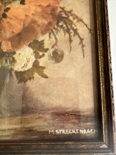 STRECKENBACH ART PRINT/lLITHO POPPY AND LARKSPUR 8x7” Early 1900’s - Picture 3 of 11