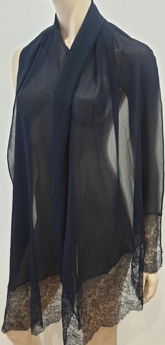 GIORGIO GRATI Midnight Navy Blue Sheer Long Length Lace Trim Rectangular Scarf - Picture 1 of 5
