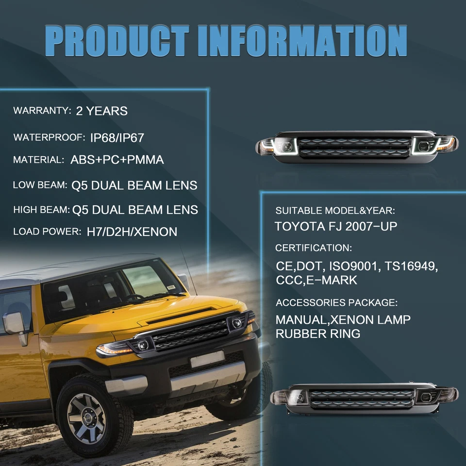 2xVLAND LED Headlights & Front Grille Black For 2007-2014 2015 Toyota FJ Cruiser - image 4 of 4